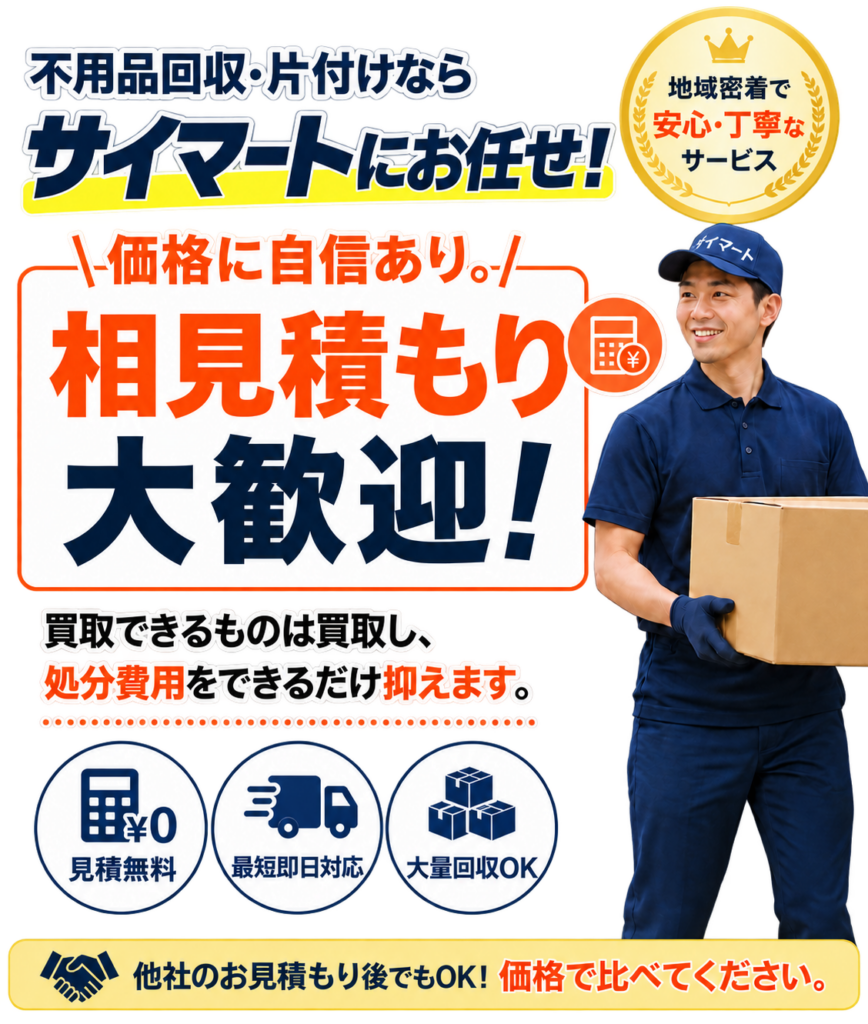大阪の不用品回収・買取サービス。相見積もり歓迎、買取で処分費用を抑えられるサイマートの案内